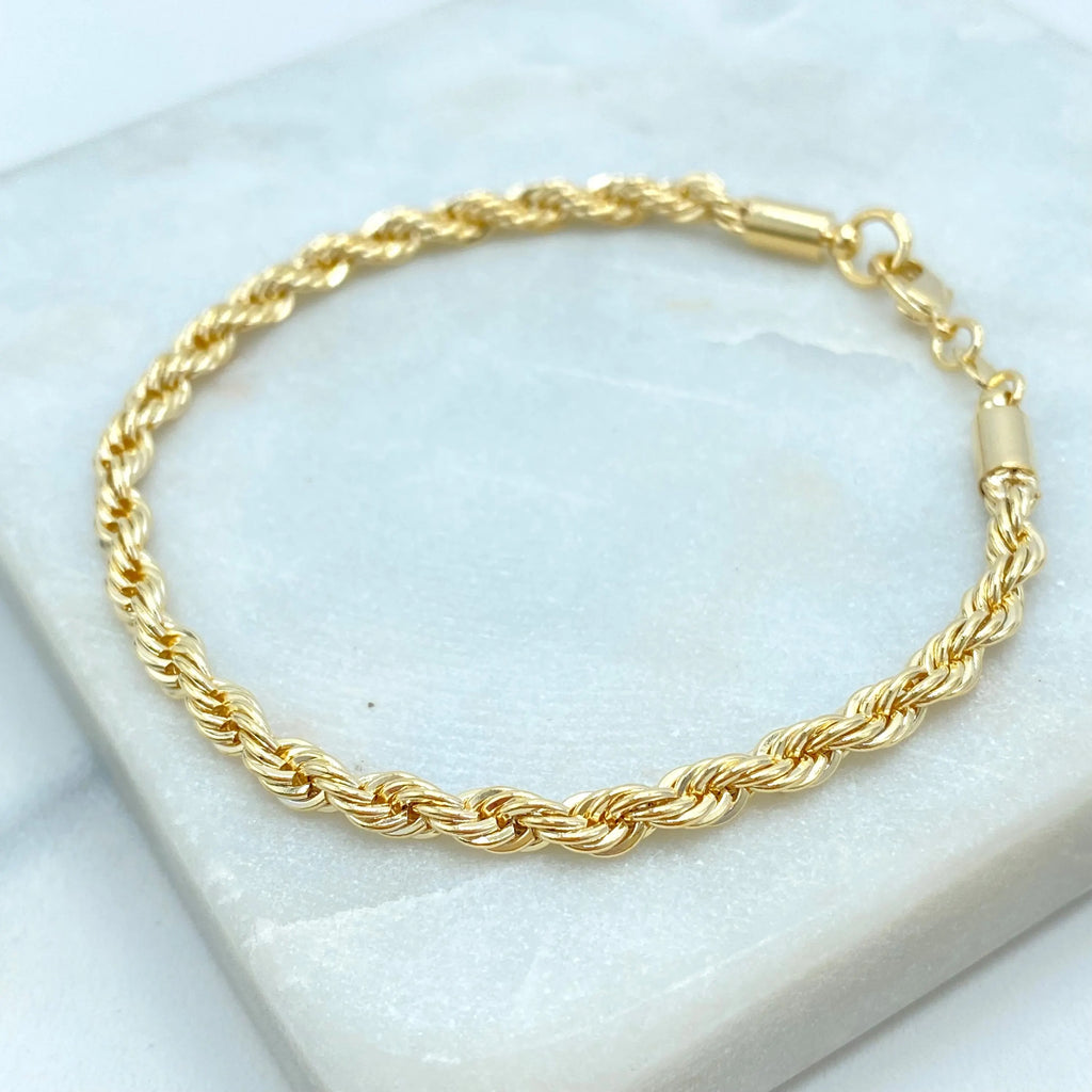 18k Gold Filled 4mm Rope Chain Bracelet, 7.5 Inch Dainty Rope Bracelet, Elegant Lobster Clasp, Gift for Her