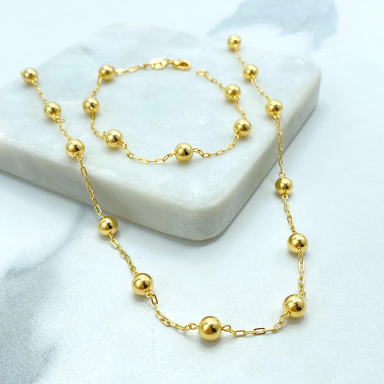 18k Gold Filled Beaded Necklace and Bracelet Set, Polished Round Beads, Minimalist Dainty Jewelry, Satellite Chain Set