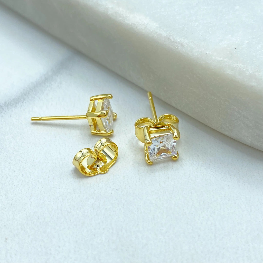 18k Gold Filled Princess Cut Stud Earrings, Square CZ Stone, Minimalist Sparkle Studs, Classic Gift for Her