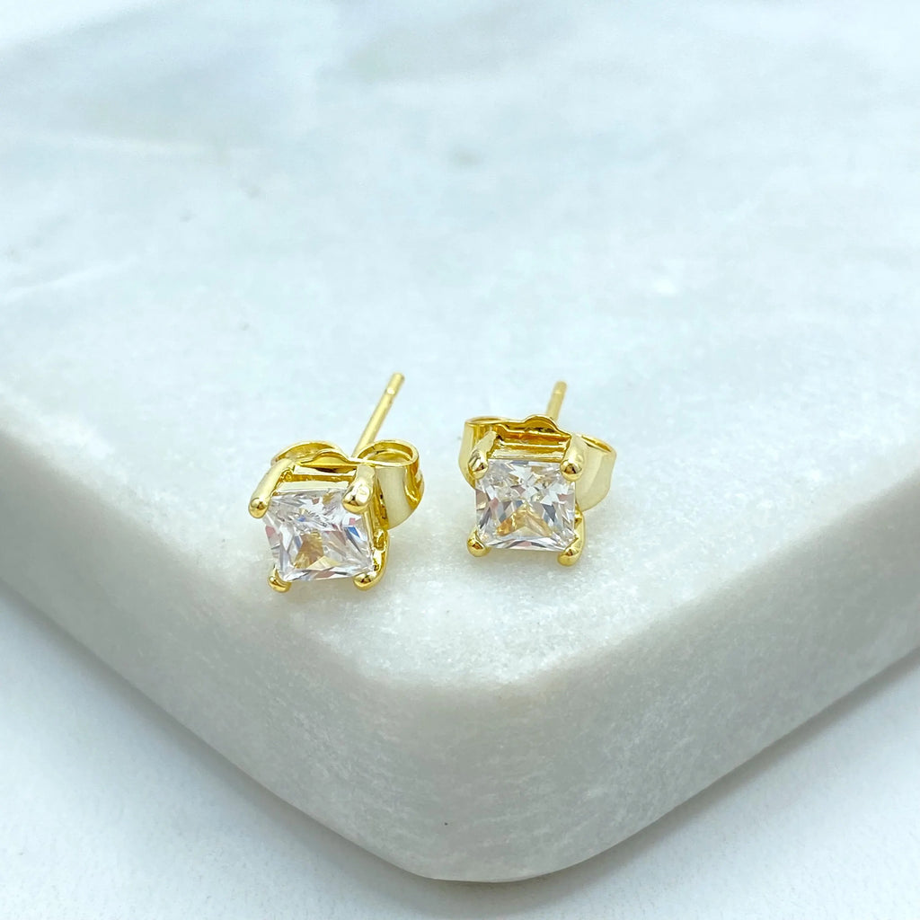18k Gold Filled Princess Cut Stud Earrings, Square CZ Stone, Minimalist Sparkle Studs, Classic Gift for Her