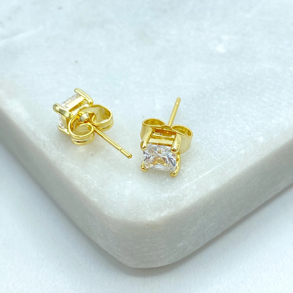 18k Gold Filled Princess Cut Stud Earrings, Square CZ Stone, Minimalist Sparkle Studs, Classic Gift for Her
