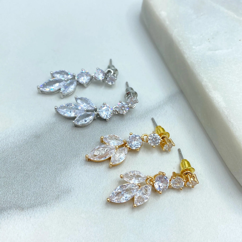 18k Gold Filled or Silver Filled CZ Leaf Drop Earrings, Marquise and Round Stones Earrings, Elegant Wedding Jewelr