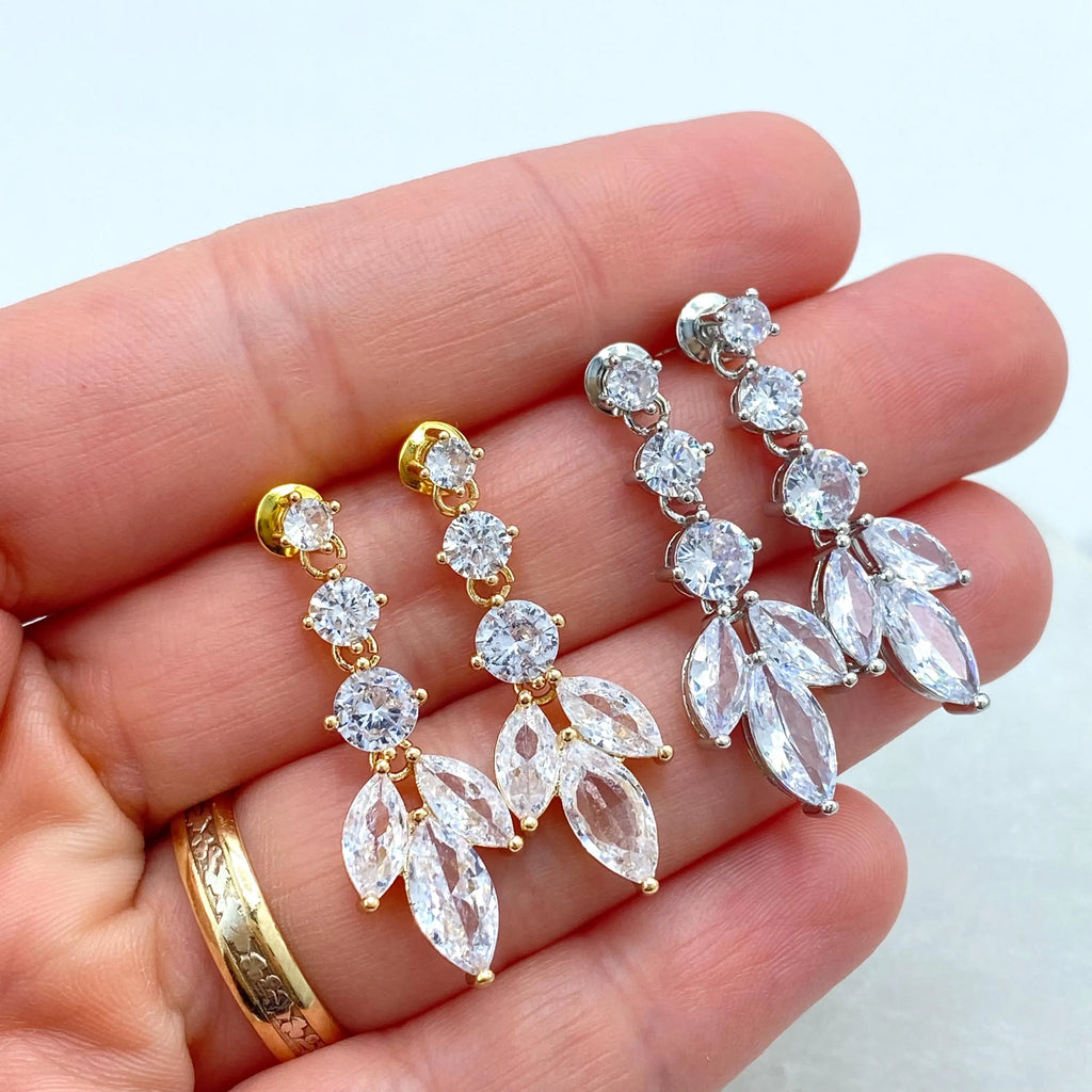 18k Gold Filled or Silver Filled CZ Leaf Drop Earrings, Marquise and Round Stones Earrings, Elegant Wedding Jewelr