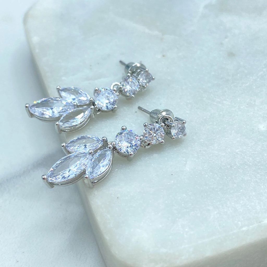 18k Gold Filled or Silver Filled CZ Leaf Drop Earrings, Marquise and Round Stones Earrings, Elegant Wedding Jewelr