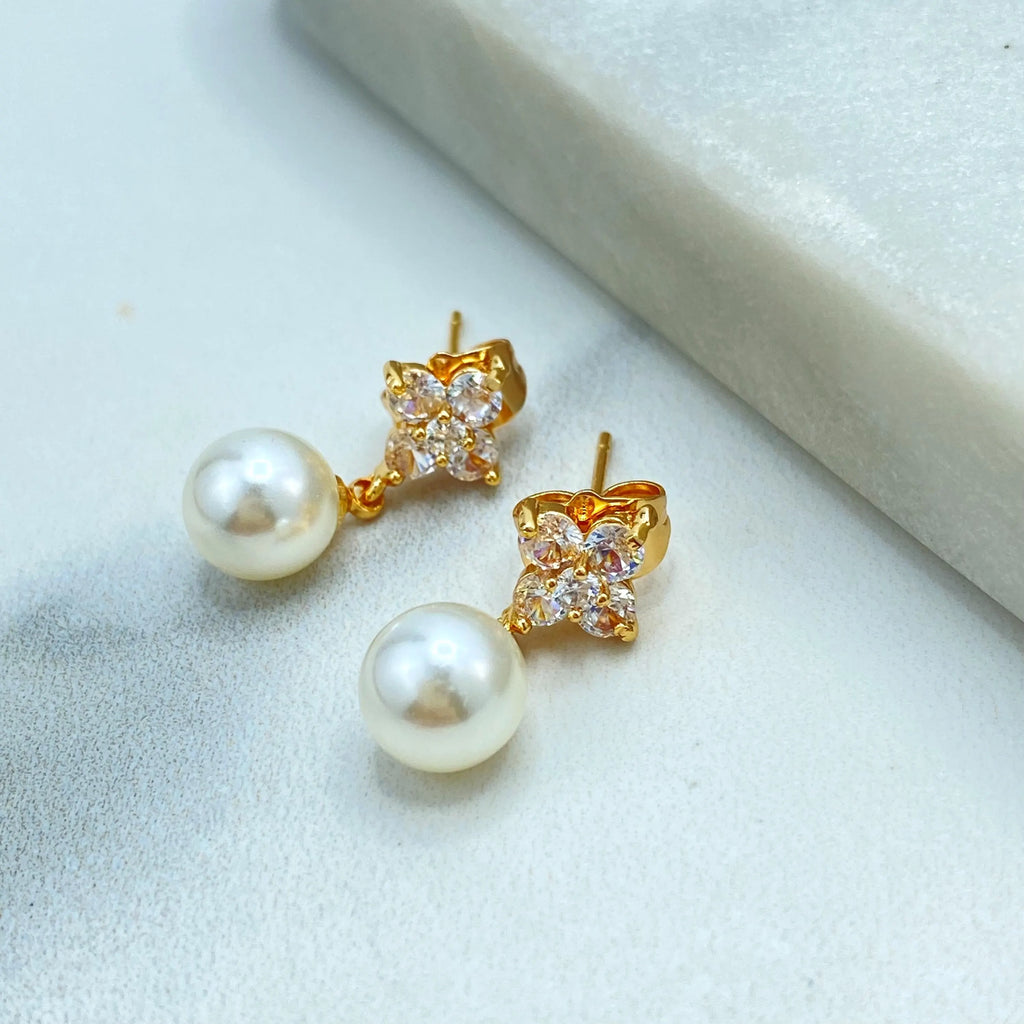18k Gold Filled Flower Pearl Drop Earrings, CZ Floral Stud with Simulated Pearl Earrings, Romantic Earrings