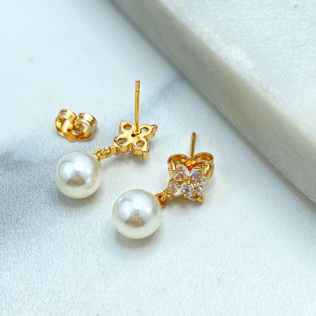 18k Gold Filled Flower Pearl Drop Earrings, CZ Floral Stud with Simulated Pearl Earrings, Romantic Earrings