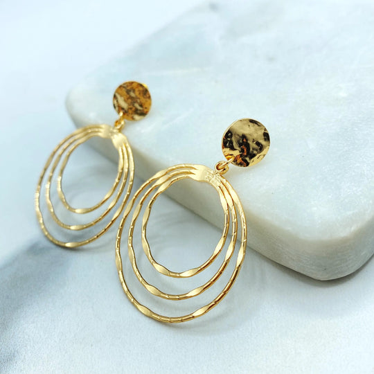 18k Gold Filled Textured Multi-Hoop Dangle Earrings, Modern Statement Earrings, Lightweight Hammered Hoops Design