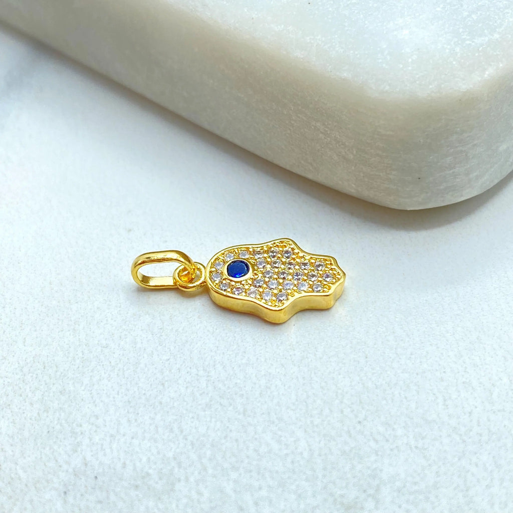 18k Gold Filled Hamsa Hand Charm, Hamsa Hand with CZ Blue Evil Eye Pendant, Dainty Protection Charm, DIY Jewelry