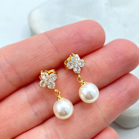 18k Gold Filled Flower Pearl Drop Earrings, CZ Floral Stud with Simulated Pearl Earrings, Romantic Earrings