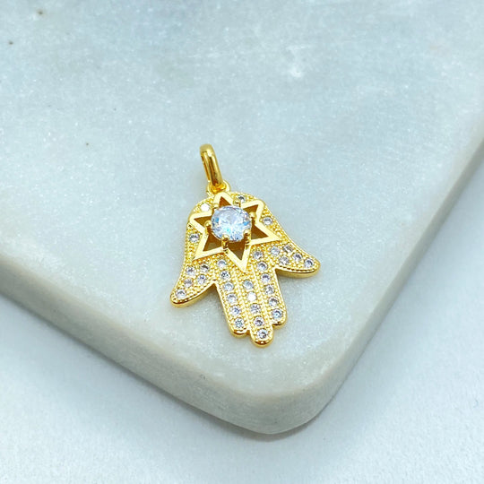 18k Gold Filled Hamsa Hand Pendant with Star and Micro CZ, Small Hand of Fatima Charm, Protection Amulet, DIY Jewelry