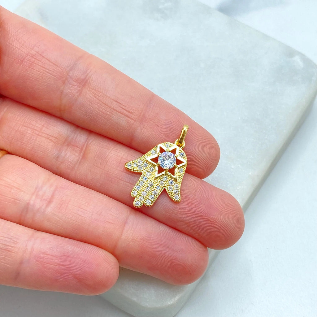 18k Gold Filled Hamsa Hand Pendant with Star and Micro CZ, Small Hand of Fatima Charm, Protection Amulet, DIY Jewelry
