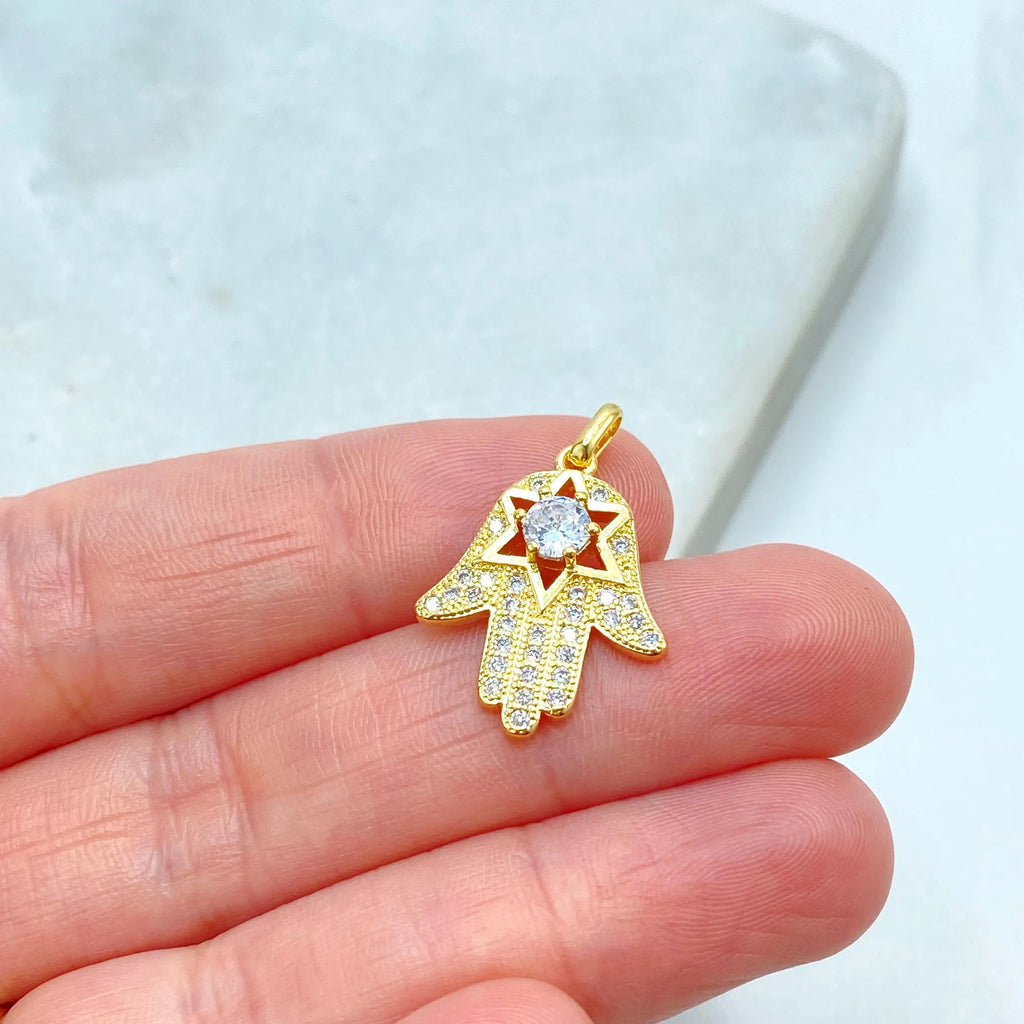 18k Gold Filled Hamsa Hand Pendant with Star and Micro CZ, Small Hand of Fatima Charm, Protection Amulet, DIY Jewelry