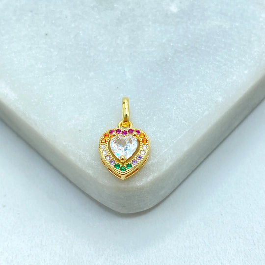 18k Gold Filled Small Heart Charm, Micro CZ Multicolor Stones, Rainbow Heart Pendant, Dainty Charm for Necklace