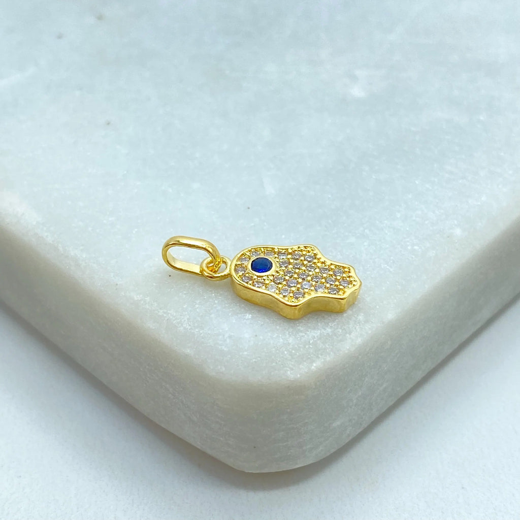 18k Gold Filled Hamsa Hand Charm, Hamsa Hand with CZ Blue Evil Eye Pendant, Dainty Protection Charm, DIY Jewelry