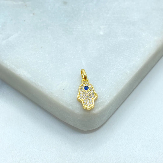 18k Gold Filled Hamsa Hand Charm, Hamsa Hand with CZ Blue Evil Eye Pendant, Dainty Protection Charm, DIY Jewelry