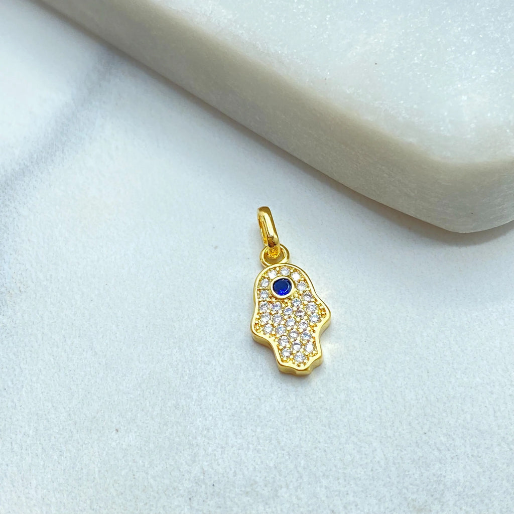 18k Gold Filled Hamsa Hand Charm, Hamsa Hand with CZ Blue Evil Eye Pendant, Dainty Protection Charm, DIY Jewelry
