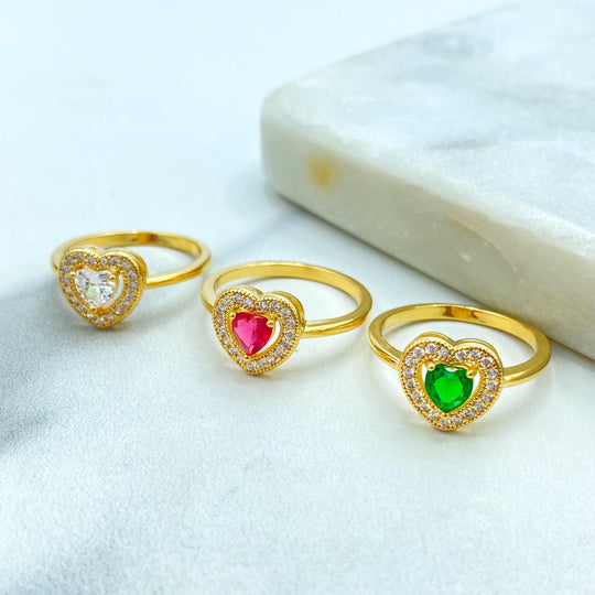 18K Gold Filled Heart Rings with CZ Halo, Green & Clear Stones, Dainty Stackable Jewelry, CZ Heart Ring