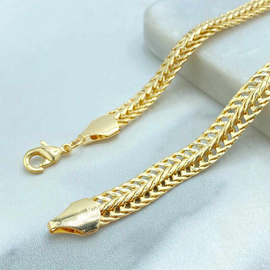 18k Gold Filled Herringbone Chain Jewelry Set, Necklace Bracelet and Earrings, Flat Polished Gold Design