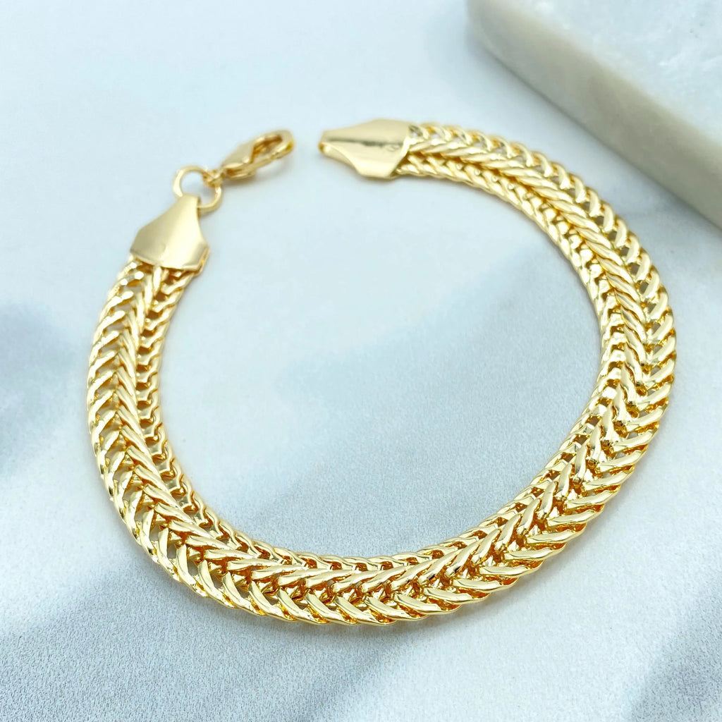 18k Gold Filled Herringbone Chain Jewelry Set, Necklace Bracelet and Earrings, Flat Polished Gold Design