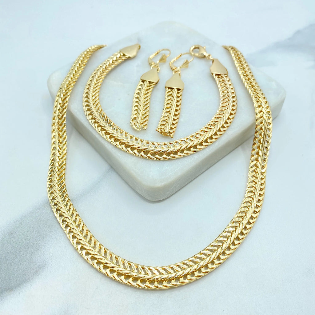 18k Gold Filled Herringbone Chain Jewelry Set, Necklace Bracelet and Earrings, Flat Polished Gold Design