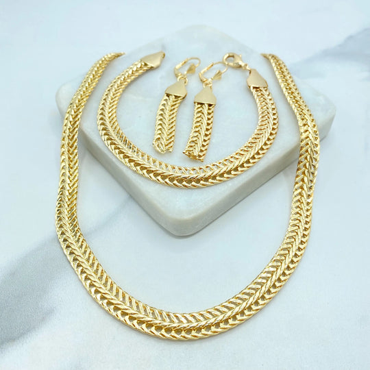 18k Gold Filled Herringbone Chain Jewelry Set, Necklace Bracelet and Earrings, Flat Polished Gold Design