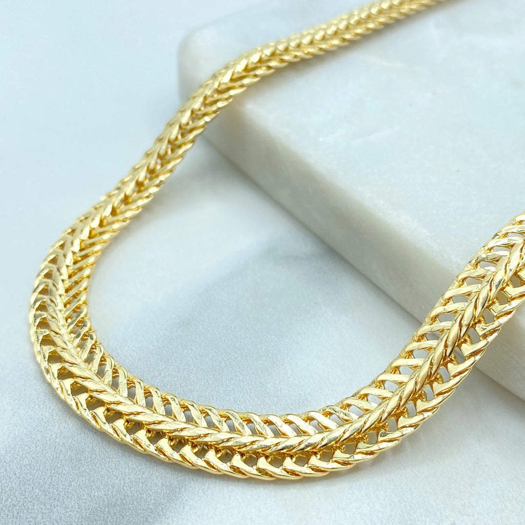18k Gold Filled Herringbone Chain Jewelry Set, Necklace Bracelet and Earrings, Flat Polished Gold Design