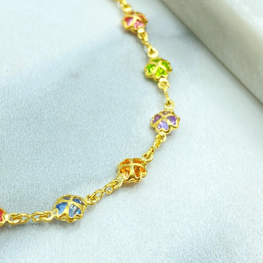18k Gold Filled Multicolor Crystal Clover Charm Bracelet, with Extender, Linked Clover Bracelet, Colored Clover Bracelet