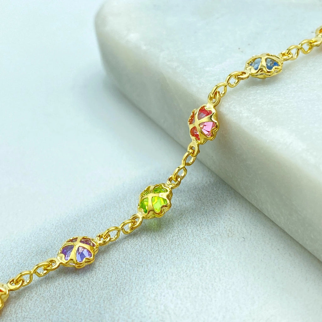 18k Gold Filled Multicolor Crystal Clover Charm Bracelet, with Extender, Linked Clover Bracelet, Colored Clover Bracelet