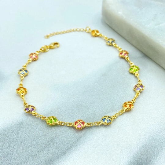 18k Gold Filled Multicolor Crystal Clover Charm Bracelet, with Extender, Linked Clover Bracelet, Colored Clover Bracelet