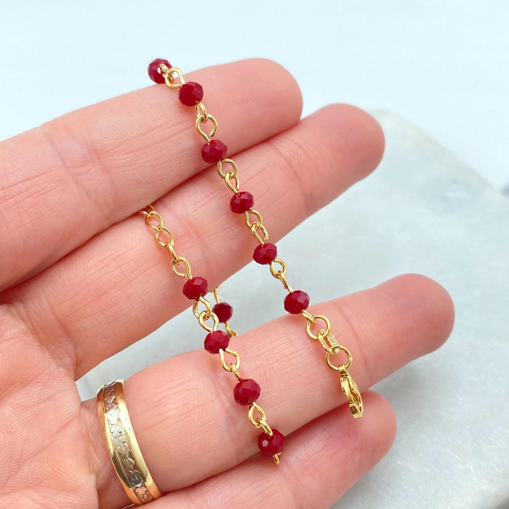 18k Gold Filled Chain with Red Faceted Beads, Dainty Red Beaded Bracelet, Bracelet with Extender
