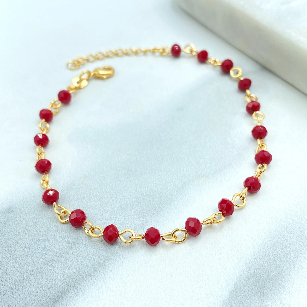 18k Gold Filled Chain with Red Faceted Beads, Dainty Red Beaded Bracelet, Bracelet with Extender