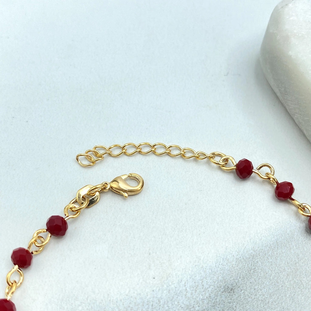 18k Gold Filled Chain with Red Faceted Beads, Dainty Red Beaded Bracelet, Bracelet with Extender