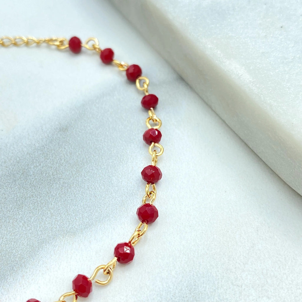 18k Gold Filled Chain with Red Faceted Beads, Dainty Red Beaded Bracelet, Bracelet with Extender