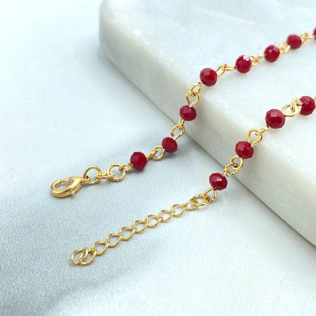 18k Gold Filled Chain with Red Faceted Beads, Dainty Red Beaded Bracelet, Bracelet with Extender