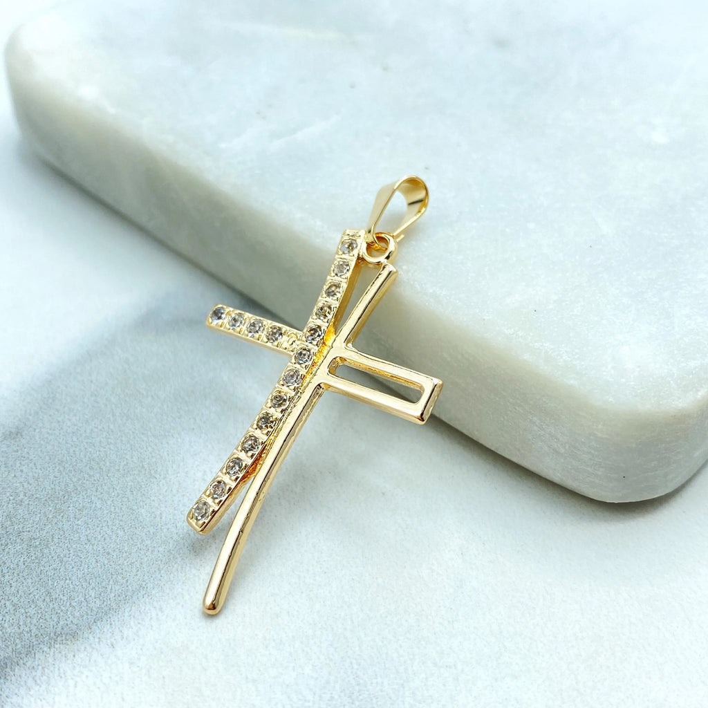 18k Gold Filled Modern Cross Pendant with CZ, Christian Jewelry, Curved Elegant Cross Charm, CZ Cross Pendant