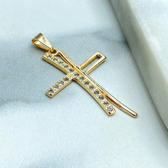 18k Gold Filled Modern Cross Pendant with CZ, Christian Jewelry, Curved Elegant Cross Charm, CZ Cross Pendant
