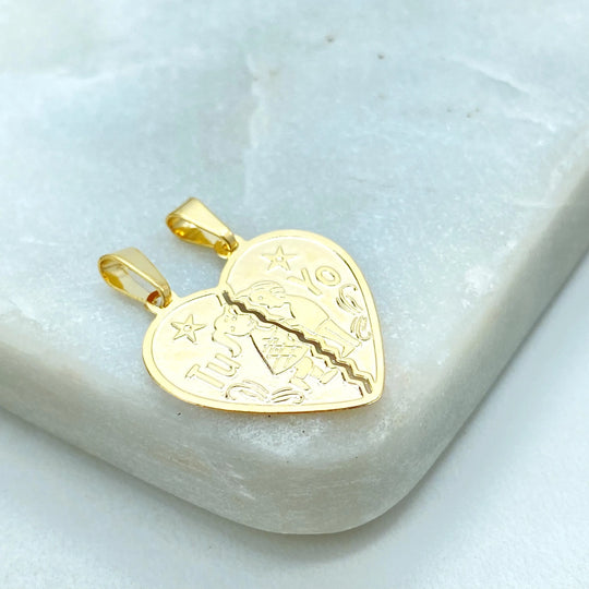 18k Gold Filled Tu y Yo Heart Pendant Set, Split Heart Charms for Couples or Best Friends, Matching Jewelry