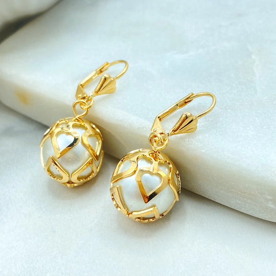 18k Gold Filled Simulated Pearl Heart Drop Earrings, Romantic Leverback Earrings, Elegant Bridal Jewelry