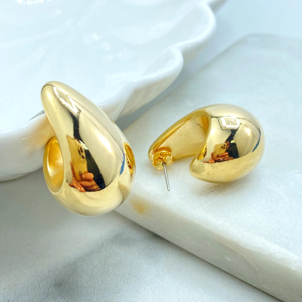 18k Gold Filled Bold Sculptural Hoop Earrings, Lightweight Statement Drops, High Polish Teardrop Hoops