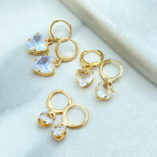 18k Gold Filled Faceted Heart Earrings, Small Medium Large Sizes, Crystal Drop Hoops, Romantic Sparkly Jewelry