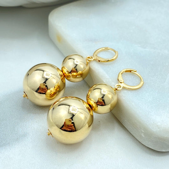 18k Gold Filled Double Ball Drop Earrings, Lightweight Bold Statement Jewelry, Polished Gold Dangles