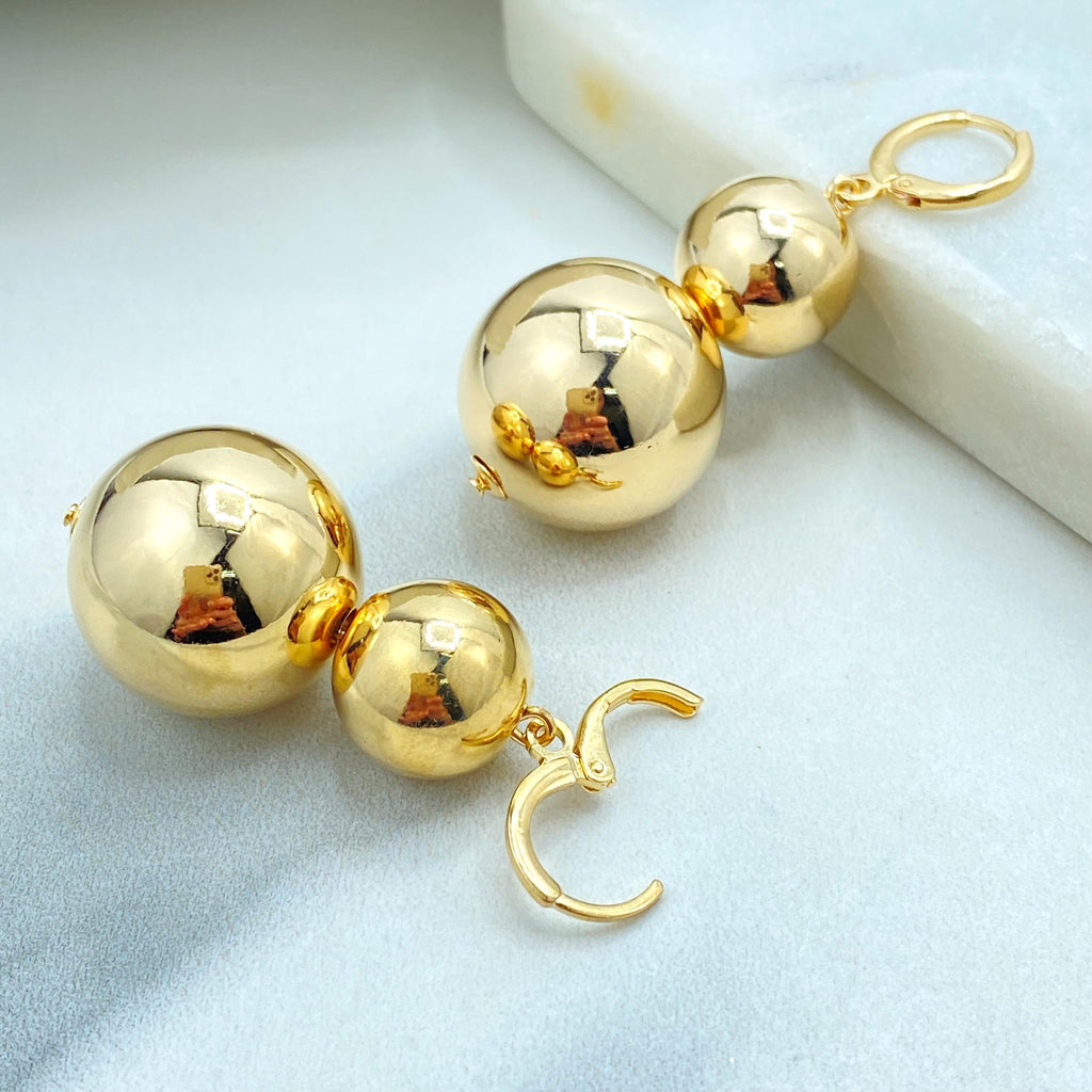 18k Gold Filled Double Ball Drop Earrings, Lightweight Bold Statement Jewelry, Polished Gold Dangles