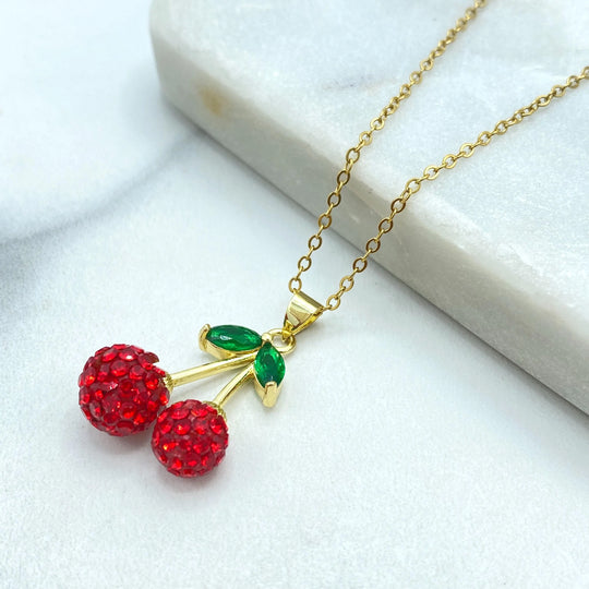 Stainless Steel Cherry Pendant Necklace, Red Crystal Fruit Jewelry, Cute Summer Necklace, Colored Crystal Cherry Necklace