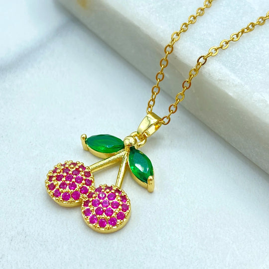 Stainless Steel Cherry Pendant Necklace, Pink CZ Fruit Jewelry, Cute Summer Necklace, Colored CZ Cherry Necklace