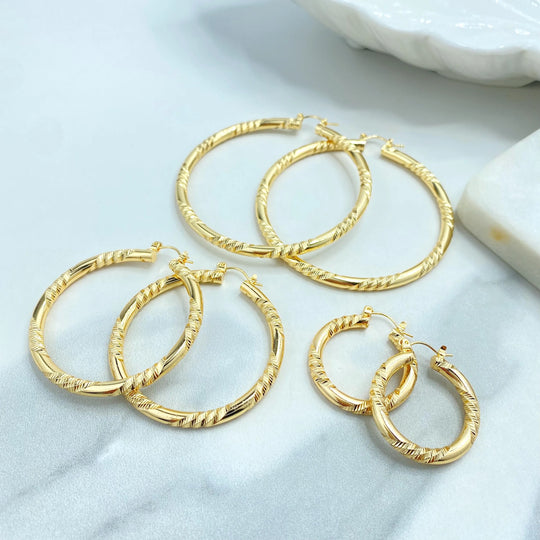 18k Gold Filled Twisted Diamond Cut Hoop Earrings, 3 Sizes S/M/L, Textured Gold Hoops, Statement Gold Earrings