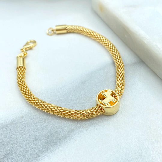 18k Gold Filled Mesh Bracelet with Scottie Dog Charm, 7.5” Inches, 4mm Round Box Chain, Lightweight Gift for Her