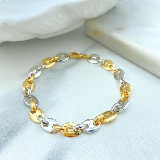 18k Gold Filled & Silver Filled, Two-Tone 8mm Puff Mariner Bracelet, 9" Puffed Mariner Link Chain, Chunky Link Mariner