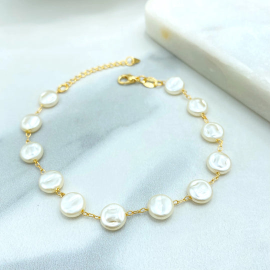 18k Gold Filled Simulated Coin Pearl Bracelet, 7.5 Inches + Extender, Elegant Dainty Jewelry, Linked Pearl Bracelet