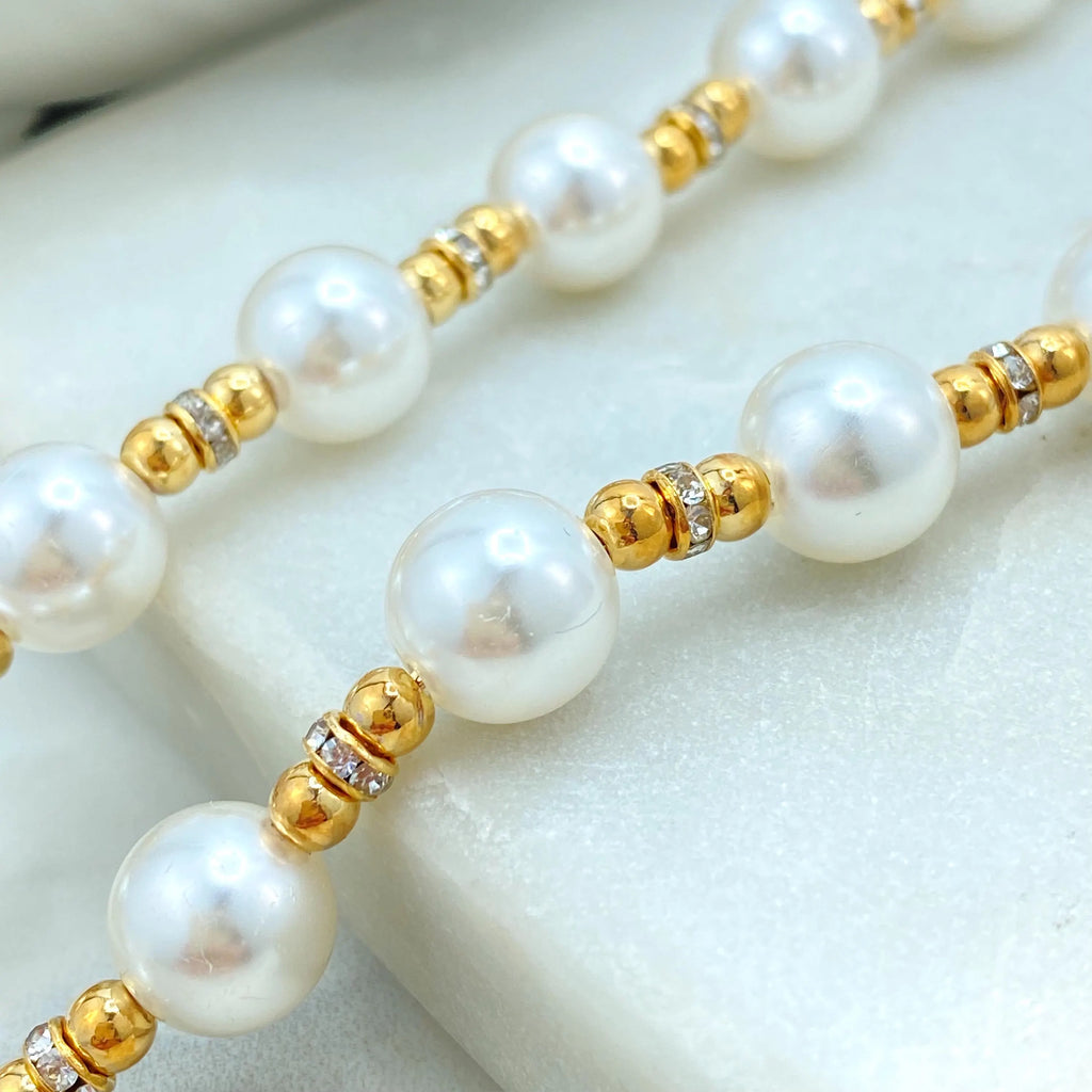 18k Gold Filled Simulated Pearl Necklace and Bracelet Set, Toggle Clasp with Drop Pearl, Classic Bridal Jewelry