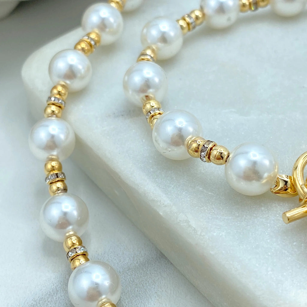 18k Gold Filled Simulated Pearl Necklace and Bracelet Set, Toggle Clasp with Drop Pearl, Classic Bridal Jewelry